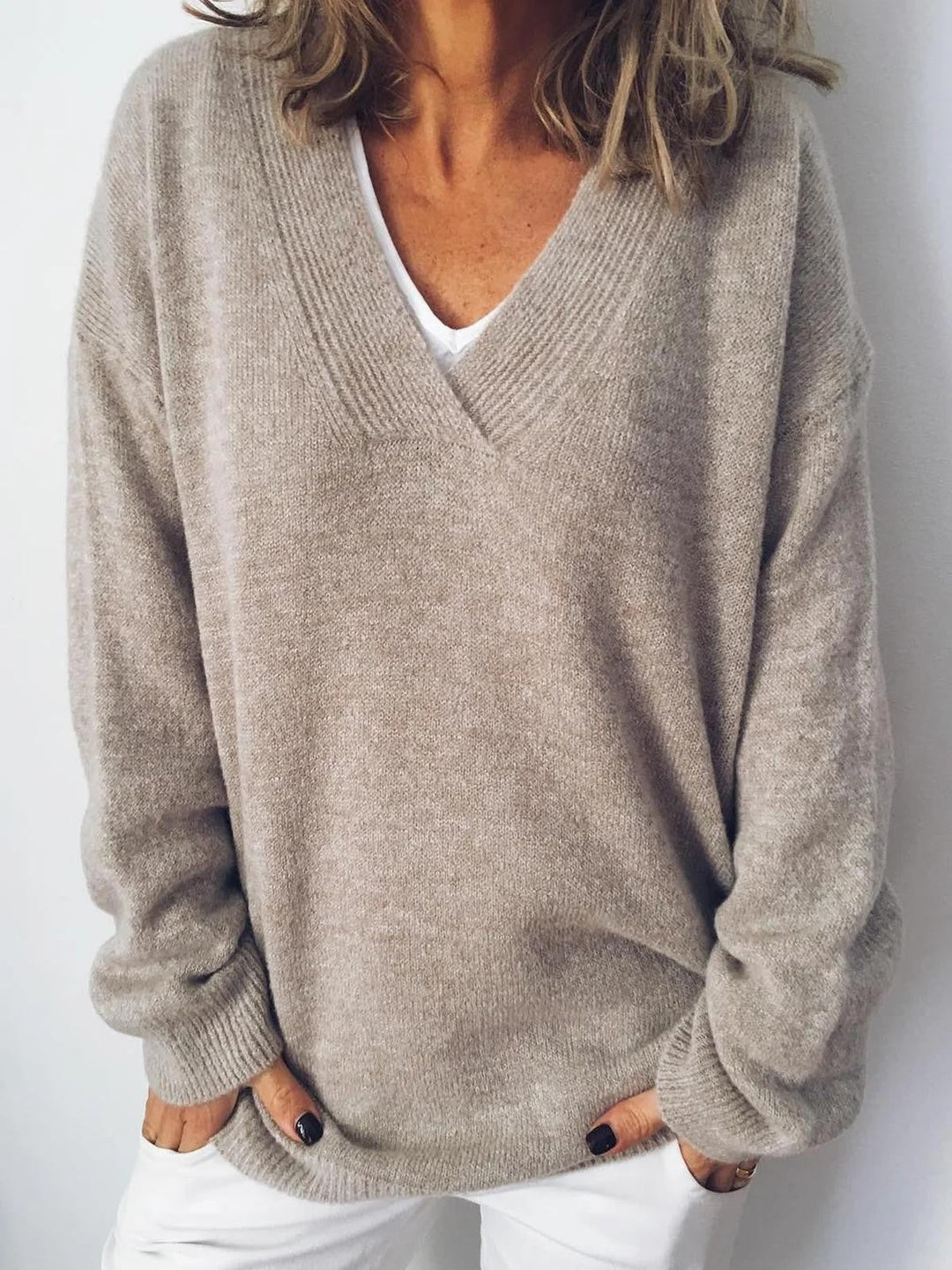 Maglione Lungo a V Collo Albicocca – Stile Casual Solido per Uso Quotidiano