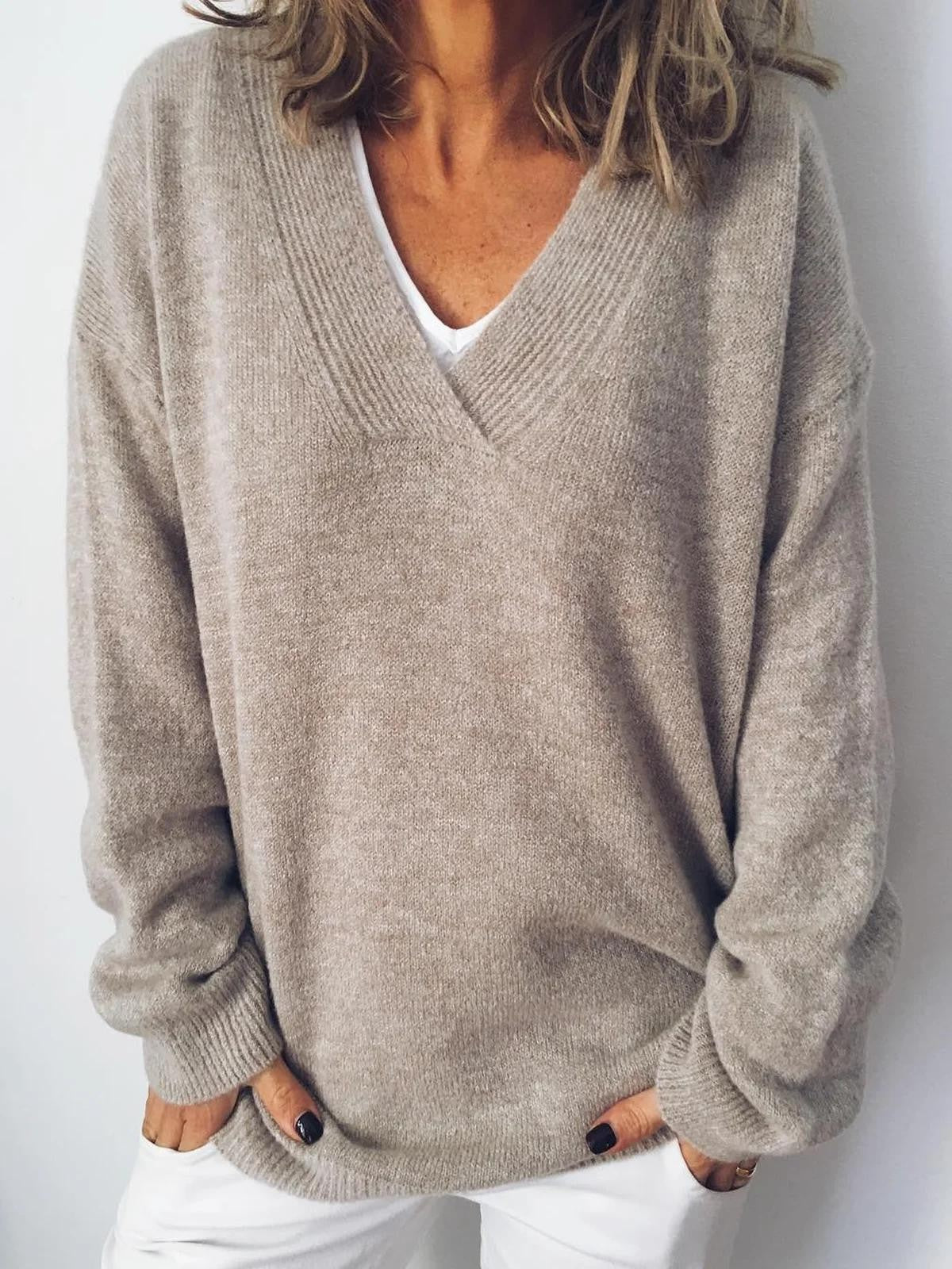 Maglione Lungo a V Collo Albicocca – Stile Casual Solido per Uso Quotidiano