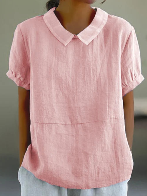 Top in misto cotone e lino tinta unita da donna