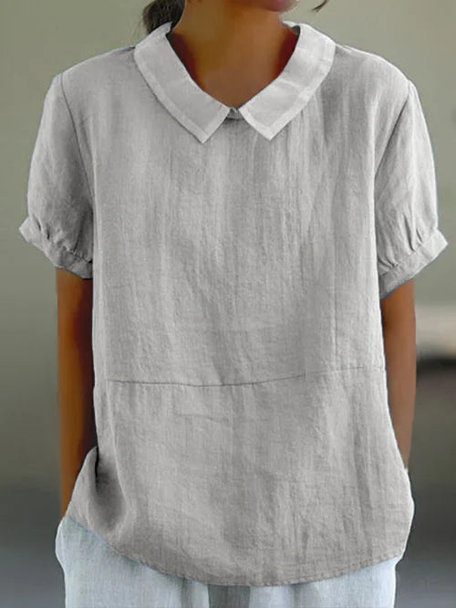 Top in misto cotone e lino tinta unita da donna
