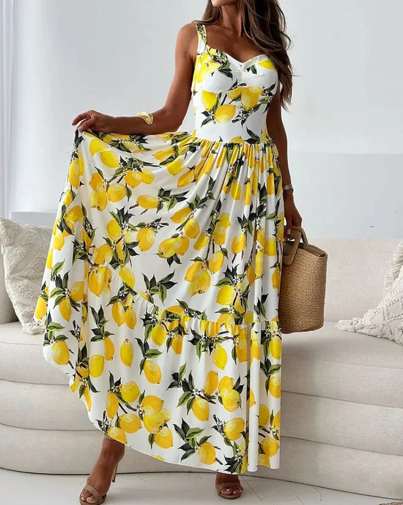 Abito Stampato Limone con Spalline per Donna