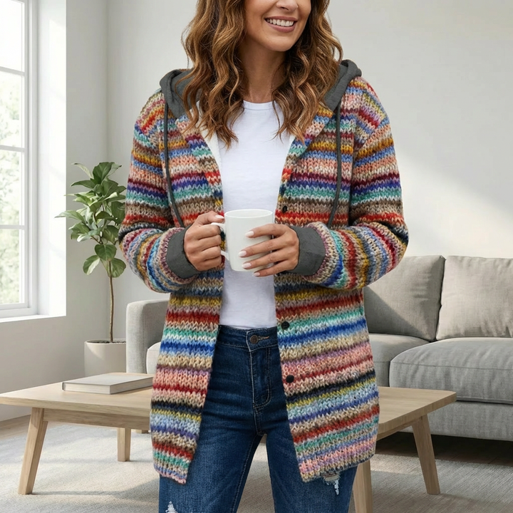 Cardigan in Maglia a Strisce Multicolore con Cappuccio per Donne