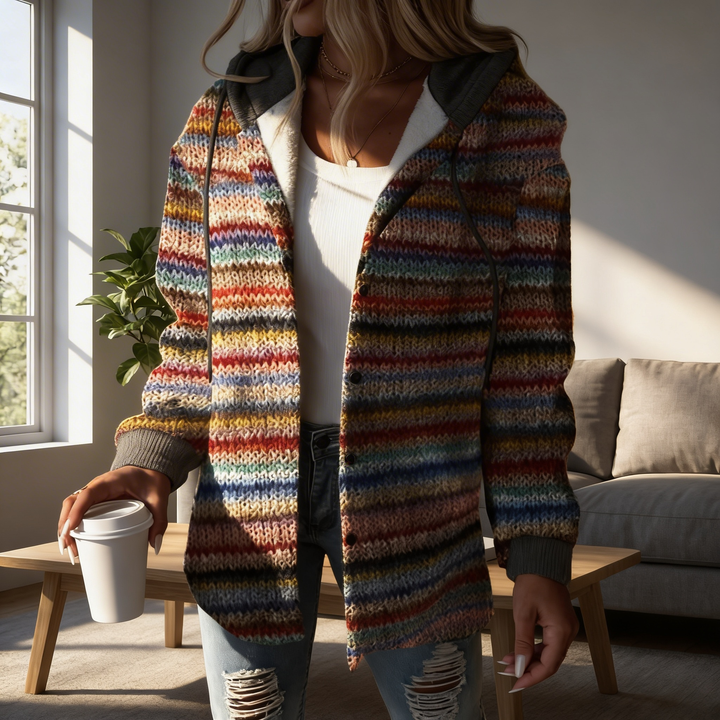 Cardigan in Maglia a Strisce Multicolore con Cappuccio per Donne