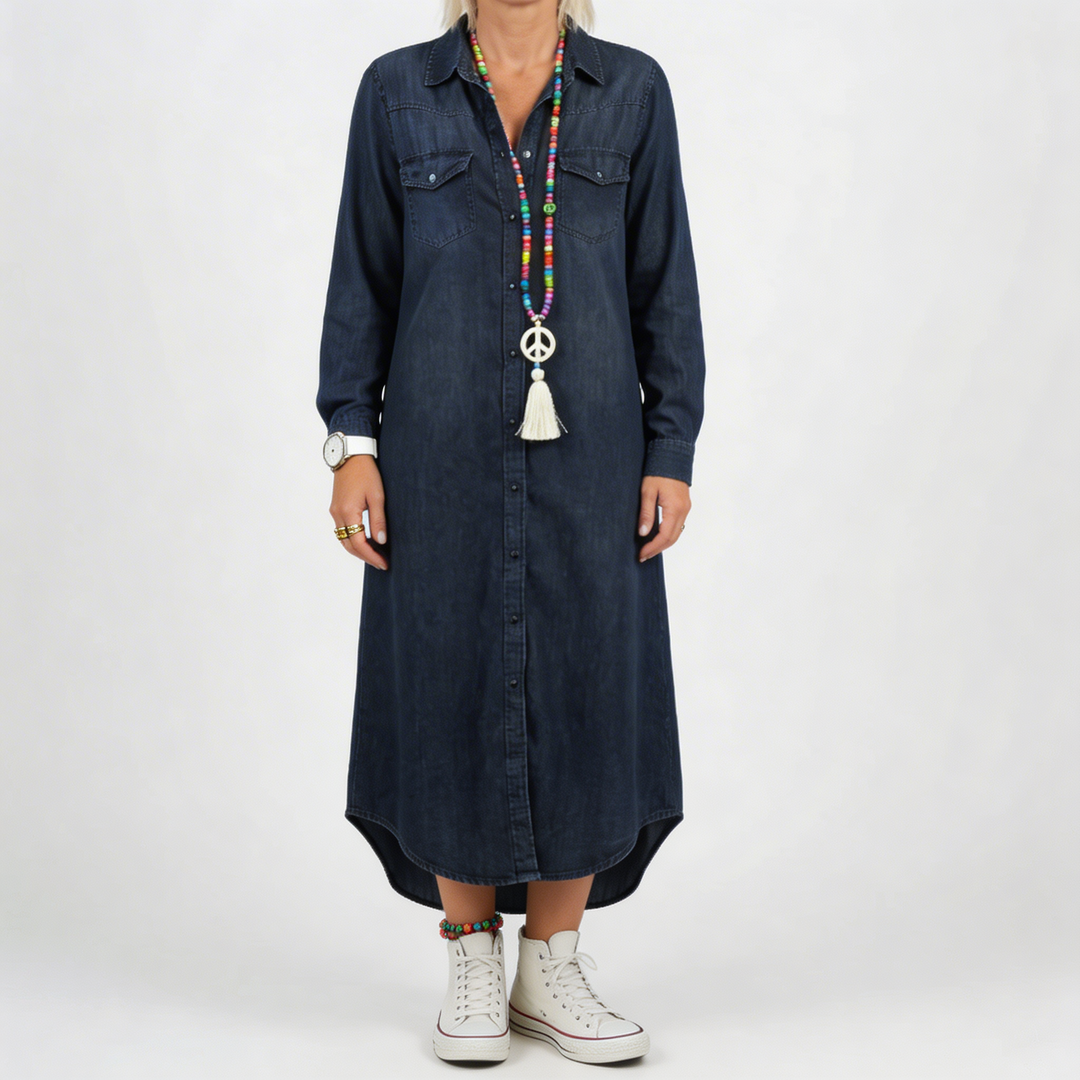 Abito in Denim con Bottoni a Mano a Lunghi Mani