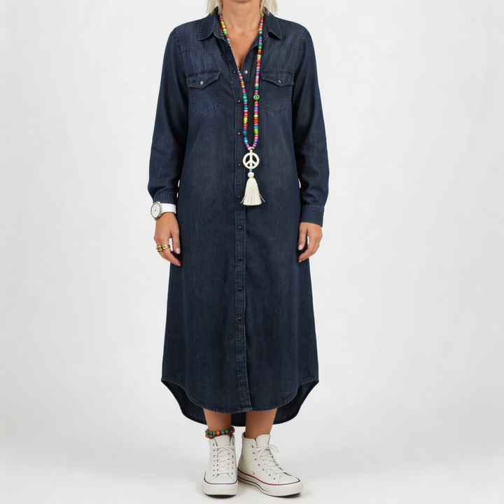 Abito in Denim con Bottoni a Mano a Lunghi Mani