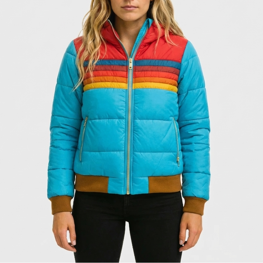 Giacca Puffer Striata Retro con Cappuccio per Donne