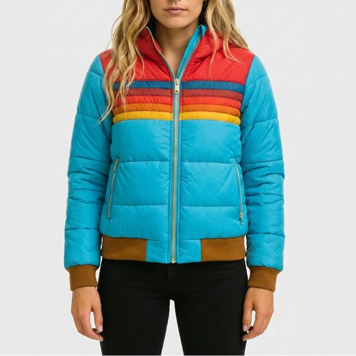 Giacca Puffer Striata Retro con Cappuccio per Donne