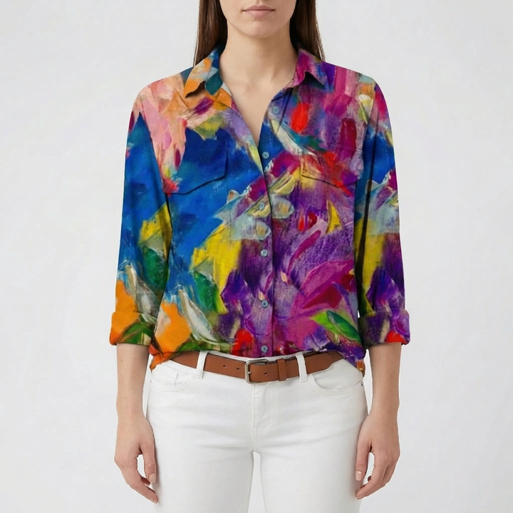 Blusa con Stampa Floreale e Chiusura Frontale a Pulsante
