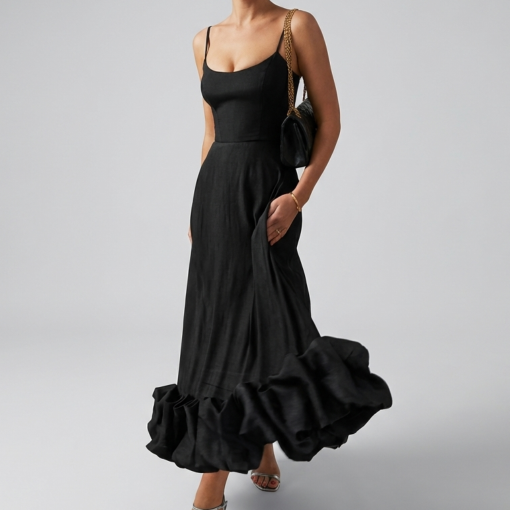 Abito Midi Elegante da Sera con Ruffles per Donne