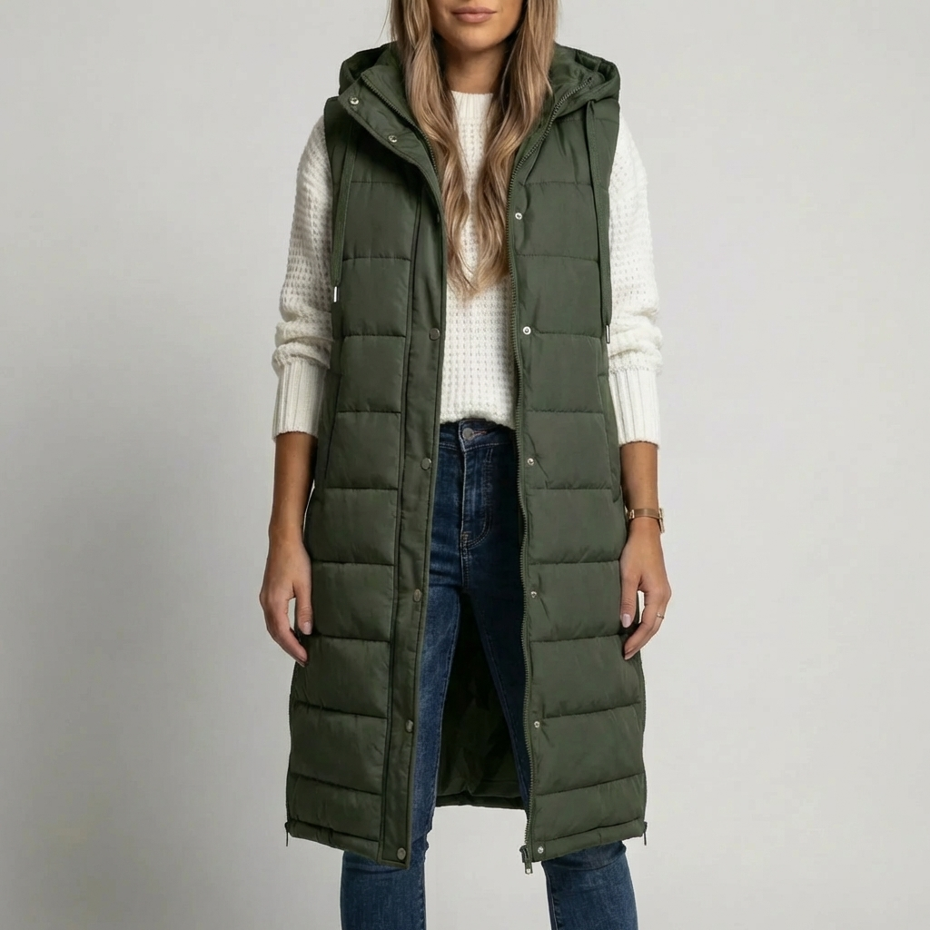 Gilet Puffer Senza Maniche con Cappuccio Lungo