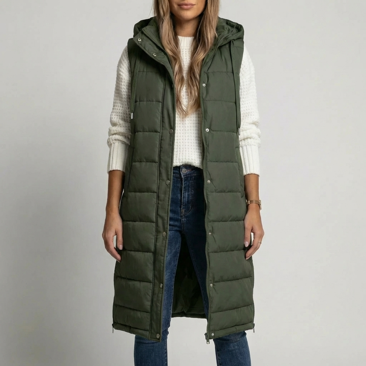Gilet Puffer Senza Maniche con Cappuccio Lungo