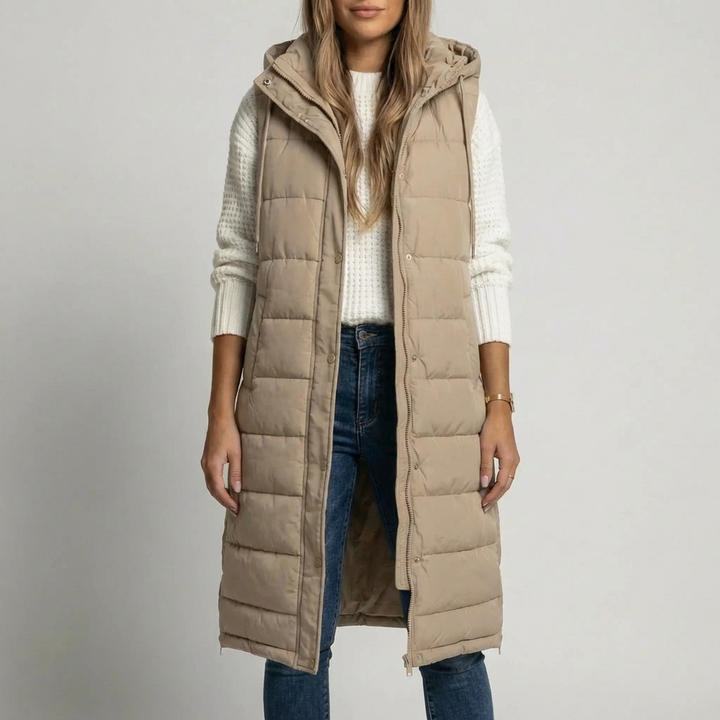 Gilet Puffer Senza Maniche con Cappuccio Lungo