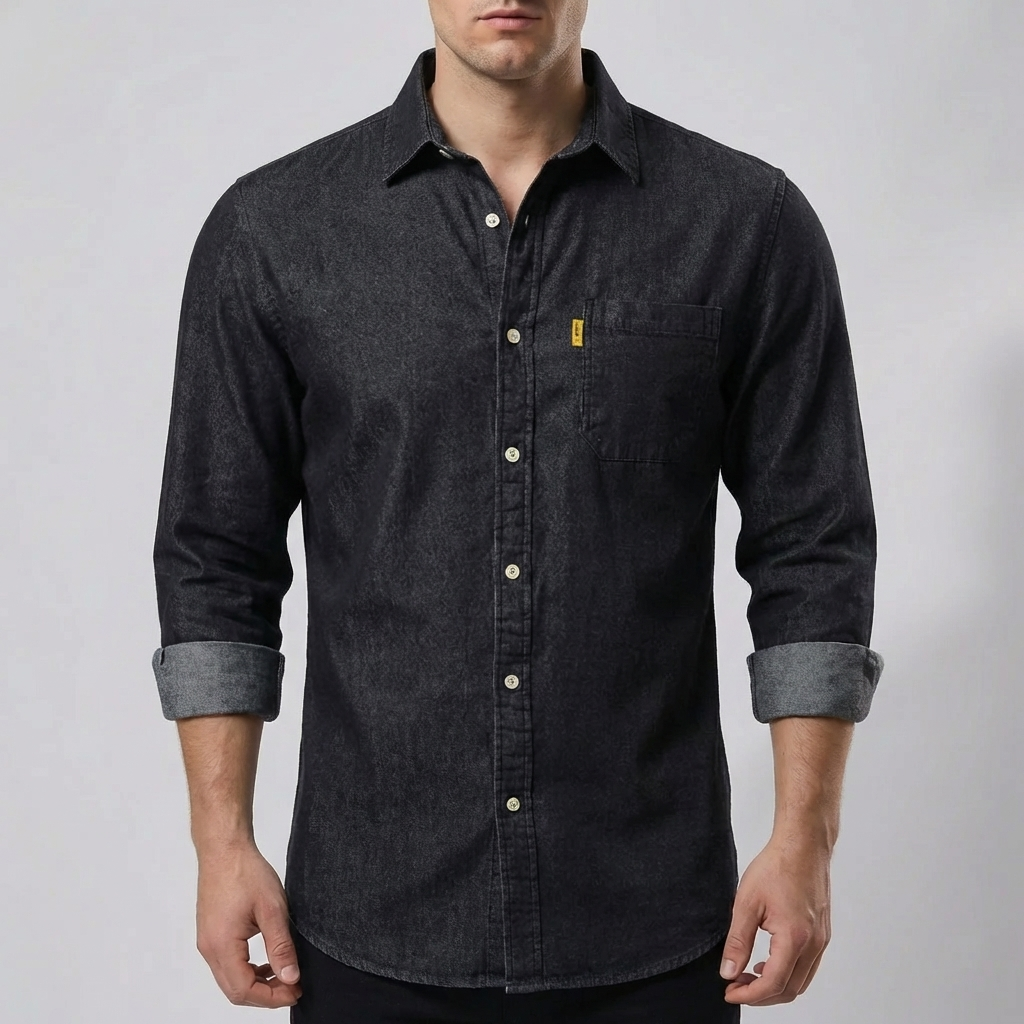 Camicia in Denim a Maniche Lunghe con Bottoni