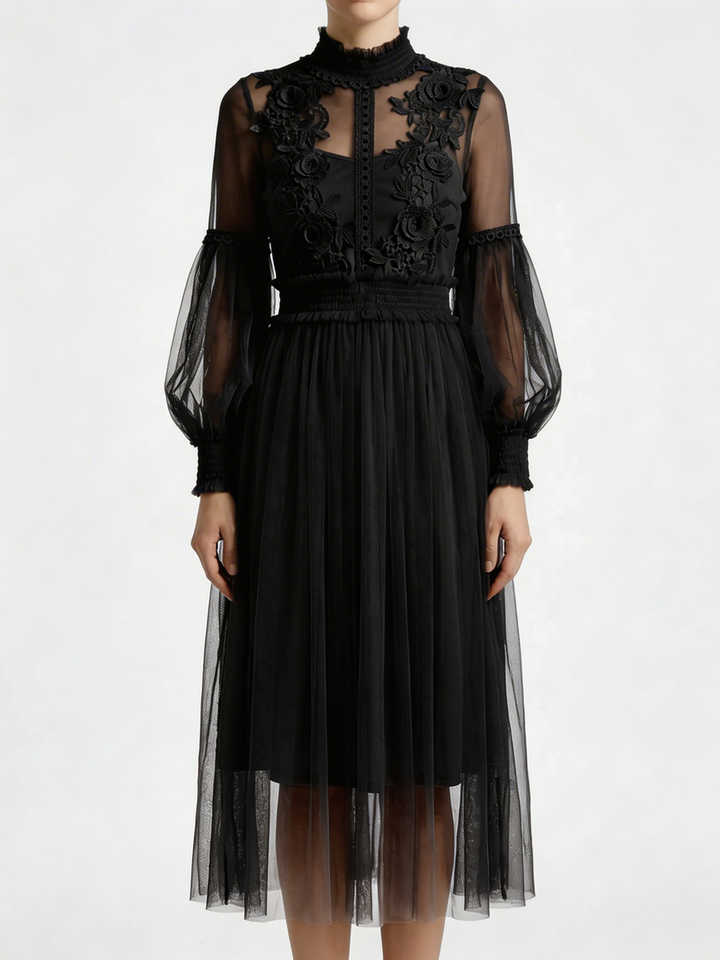 Abito Midi in Mesh con Applique Floreali
