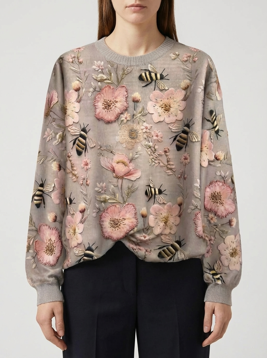 Maglione Ricamato Floreale 3D Morbido