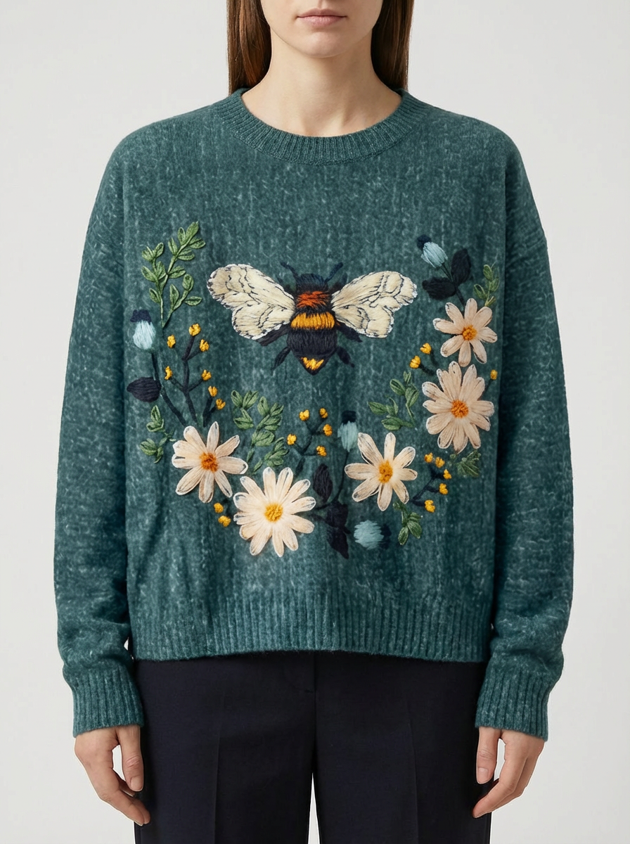 Maglione Ricamato Floreale 3D Morbido