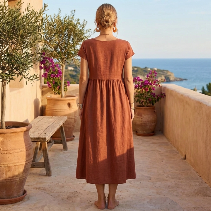 Abito in Cotone Vintage con Collo O per Donne