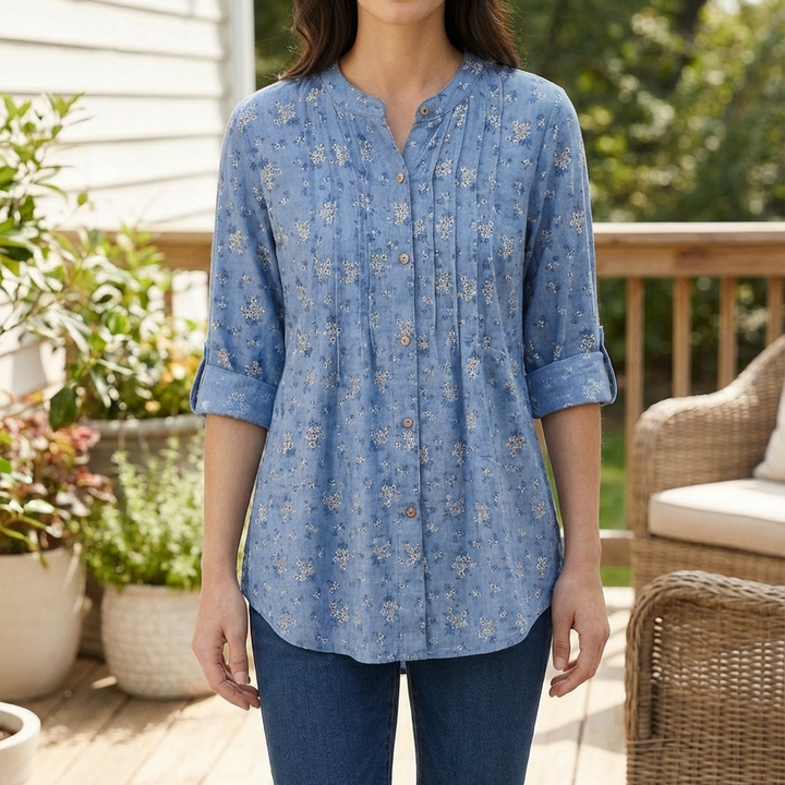 Blusa Floreale con Bottoni a Maniche Lunghe