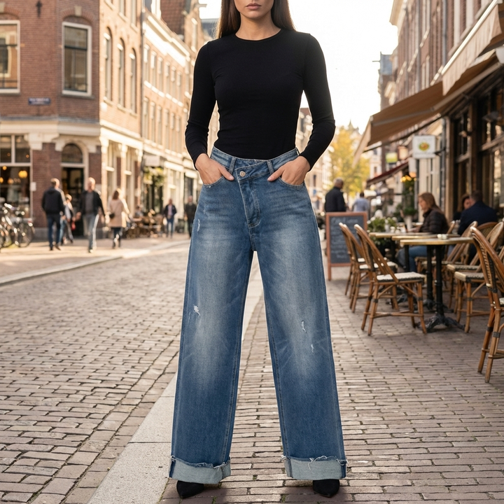 Pantaloni in Denim Alti in Vita Confortevoli