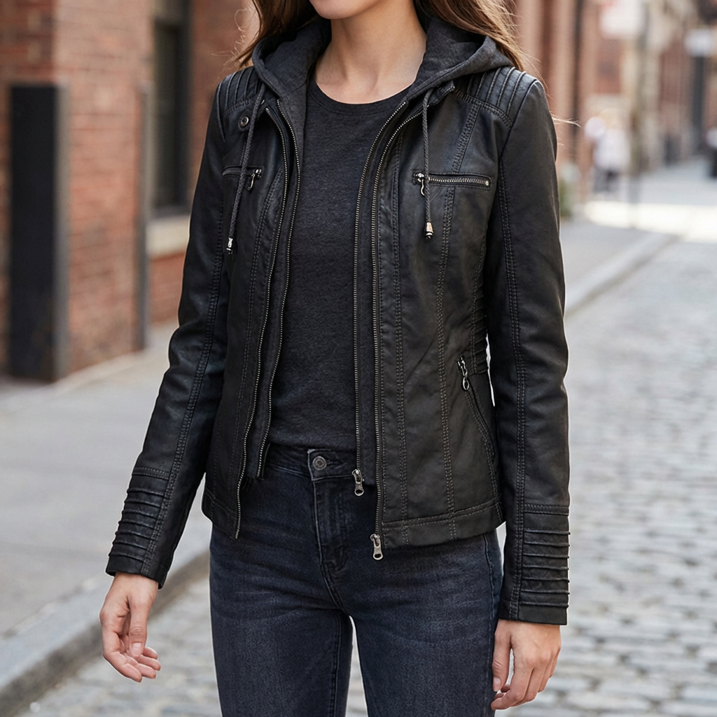 Giacca Moto in Pelle Finta con Cappuccio per Donne