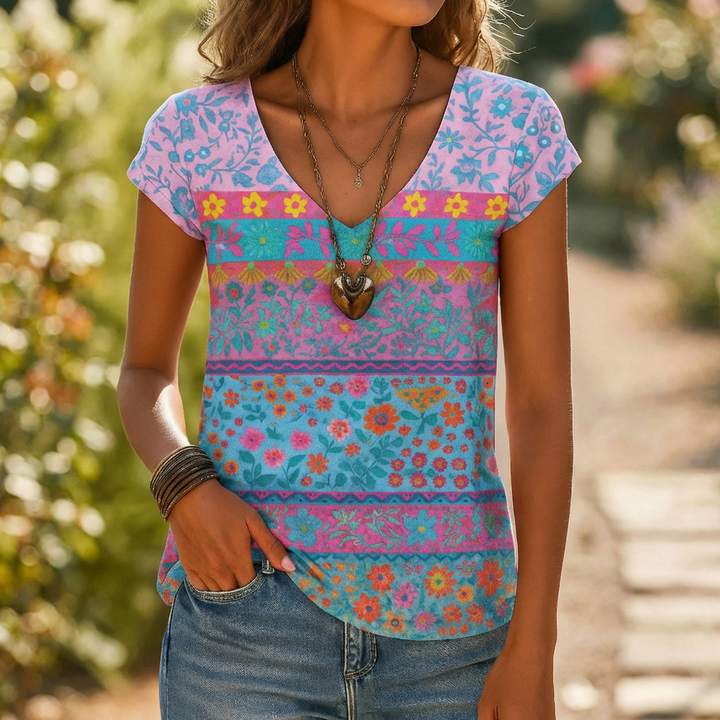 Maglietta Casual con Stampa Floreale e Scollo a V