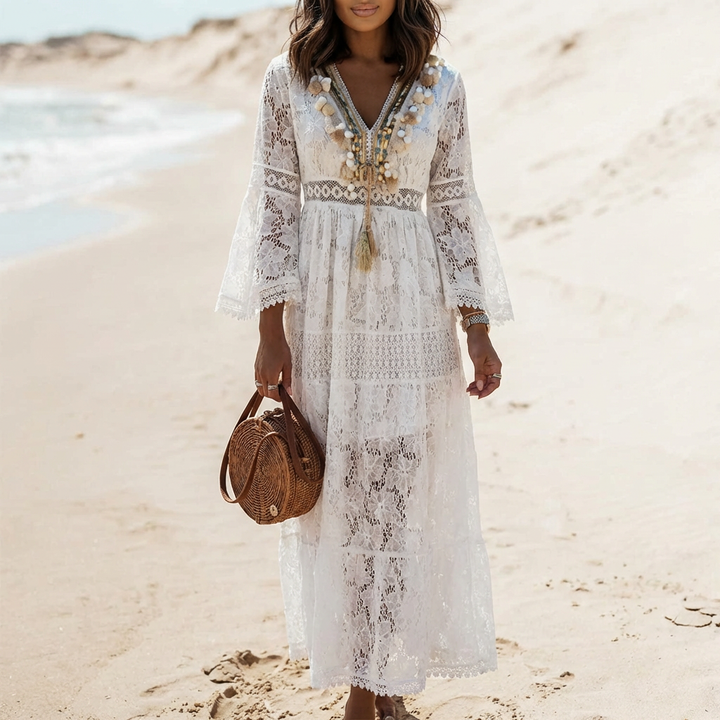 Abito Maxi Bohemien con Pizzo e Mani a Fagotto per Donne