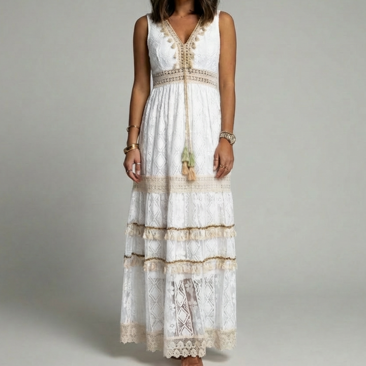 Abito Maxi Bohemien con Pizzo e Mani a Fagotto per Donne