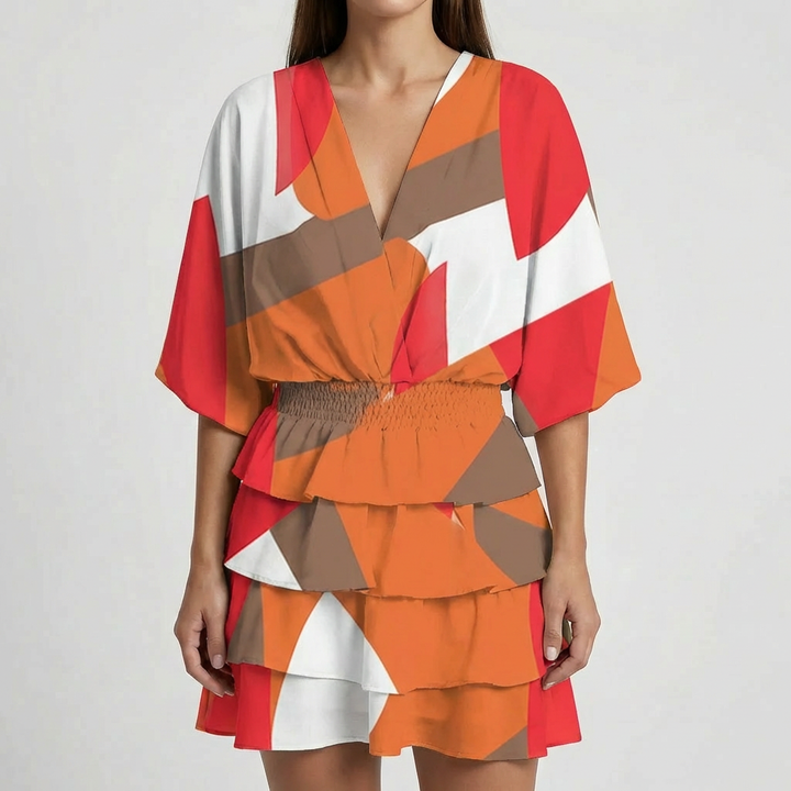 Abito Mini a Manica Batwing con Scollo a V Profondo
