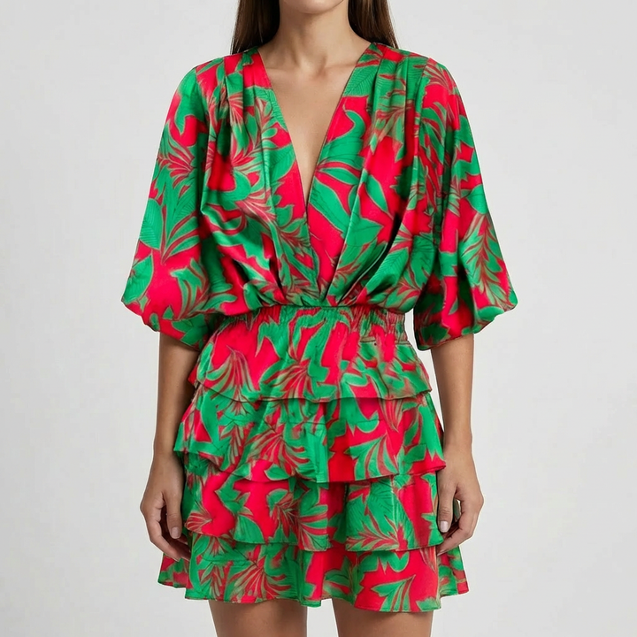 Abito Mini a Manica Batwing con Scollo a V Profondo