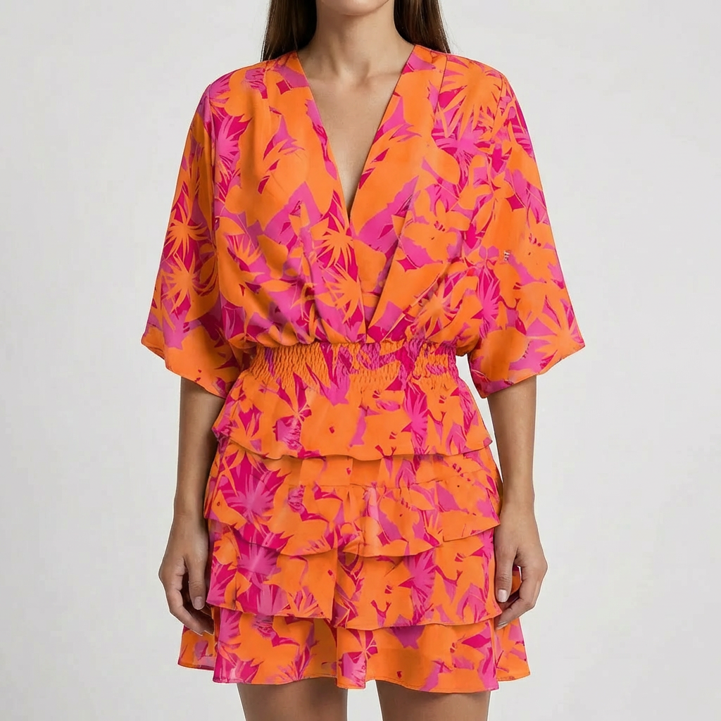 Abito Mini a Manica Batwing con Scollo a V Profondo