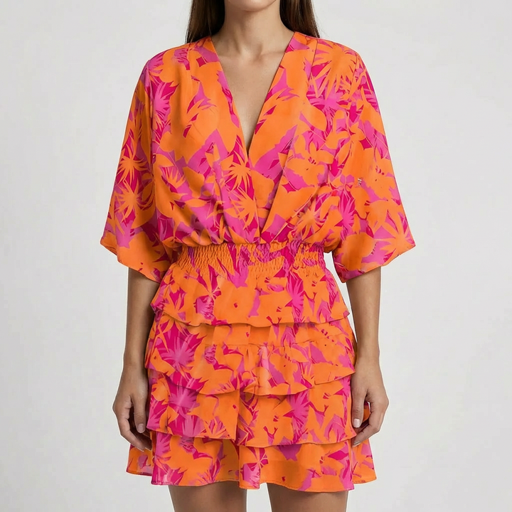 Abito Mini a Manica Batwing con Scollo a V Profondo