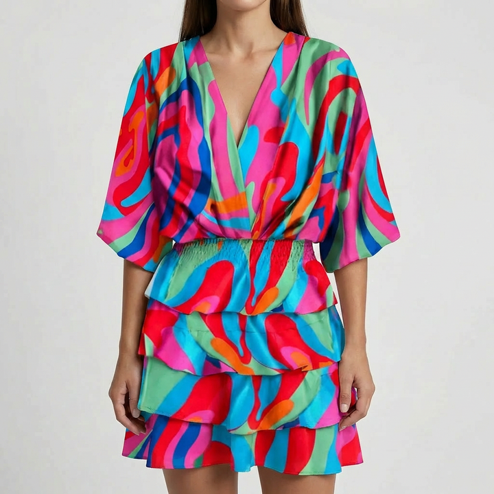 Abito Mini a Manica Batwing con Scollo a V Profondo