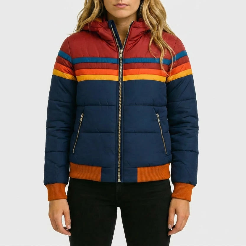Giacca Puffer Striata Retro con Cappuccio per Donne