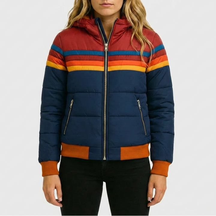 Giacca Puffer Striata Retro con Cappuccio per Donne