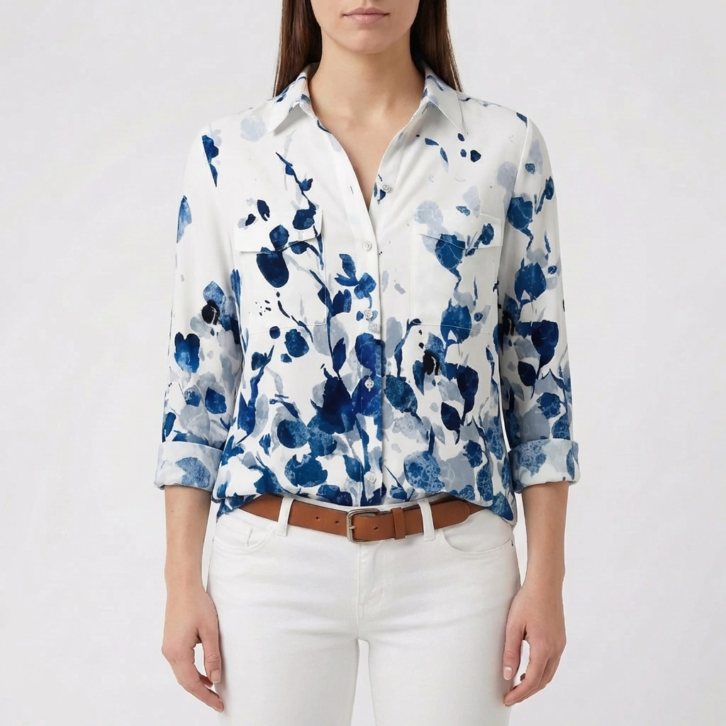 Blusa con Stampa Floreale e Chiusura Frontale a Pulsante