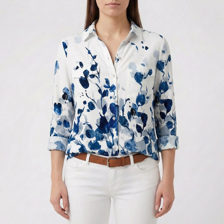 Blusa con Stampa Floreale e Chiusura Frontale a Pulsante