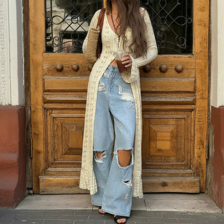 Cardigan Lungo in Maglia a Mano Flare per Donne