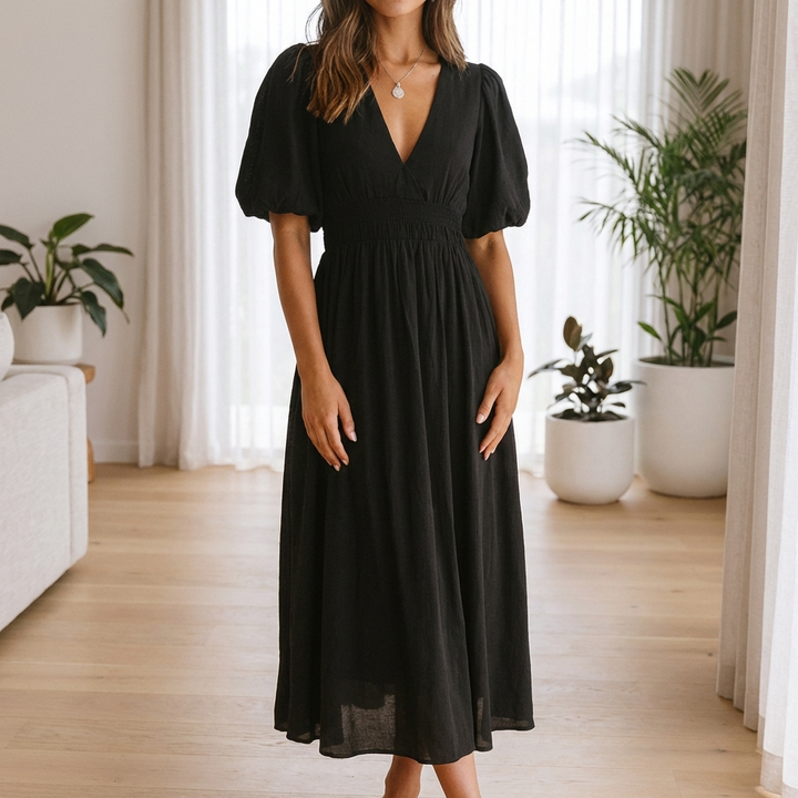 Abito Midi con Collo a V per Donne con Vita Elastica