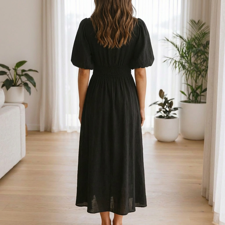 Abito Midi con Collo a V per Donne con Vita Elastica