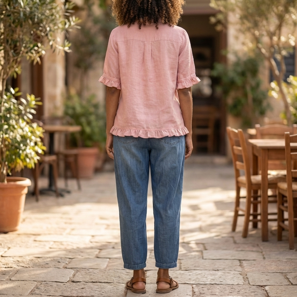 Blusa di Cotone con Bottoni e Orlo Arricciato