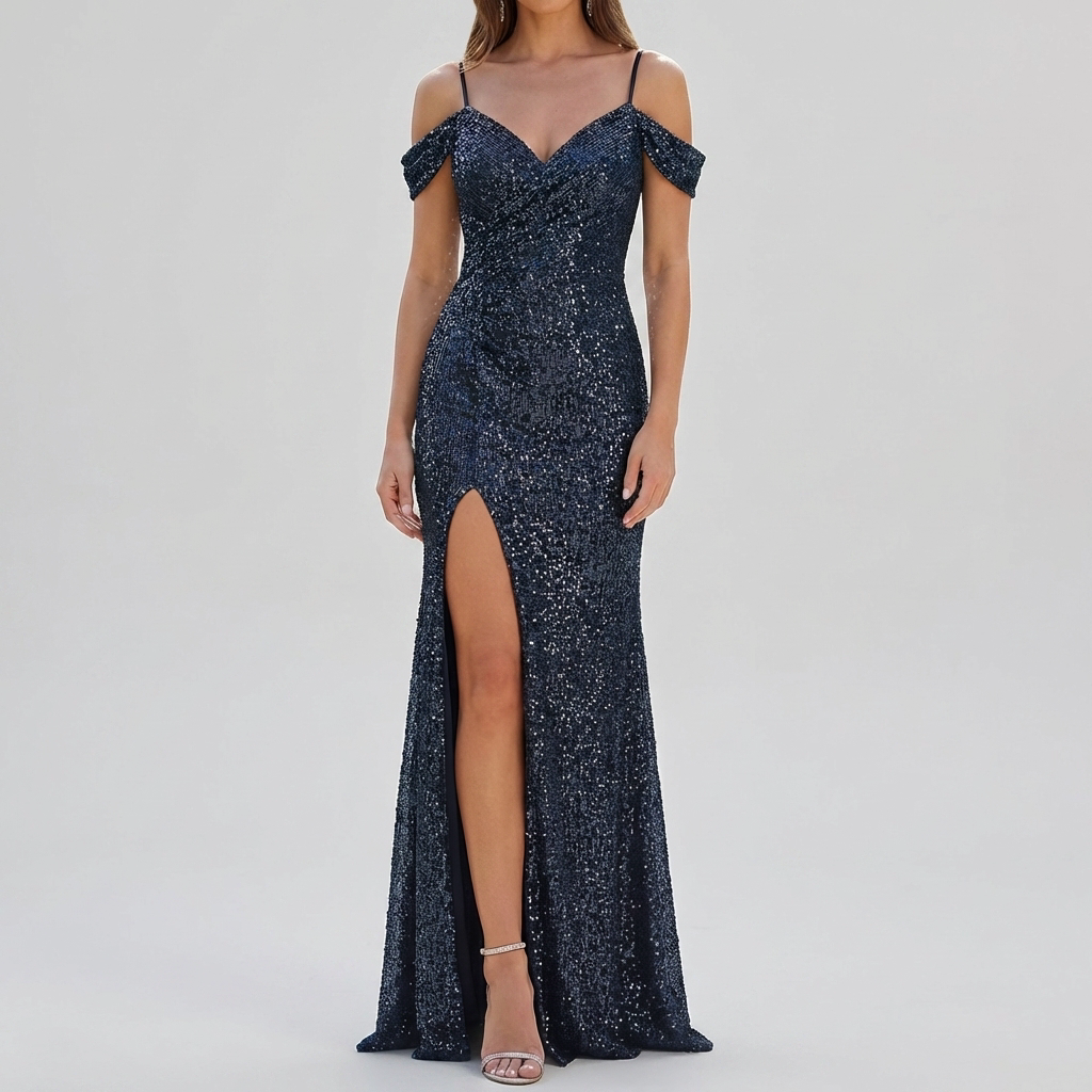 Abito Maxi Elegante con Paillettes Off Shoulder