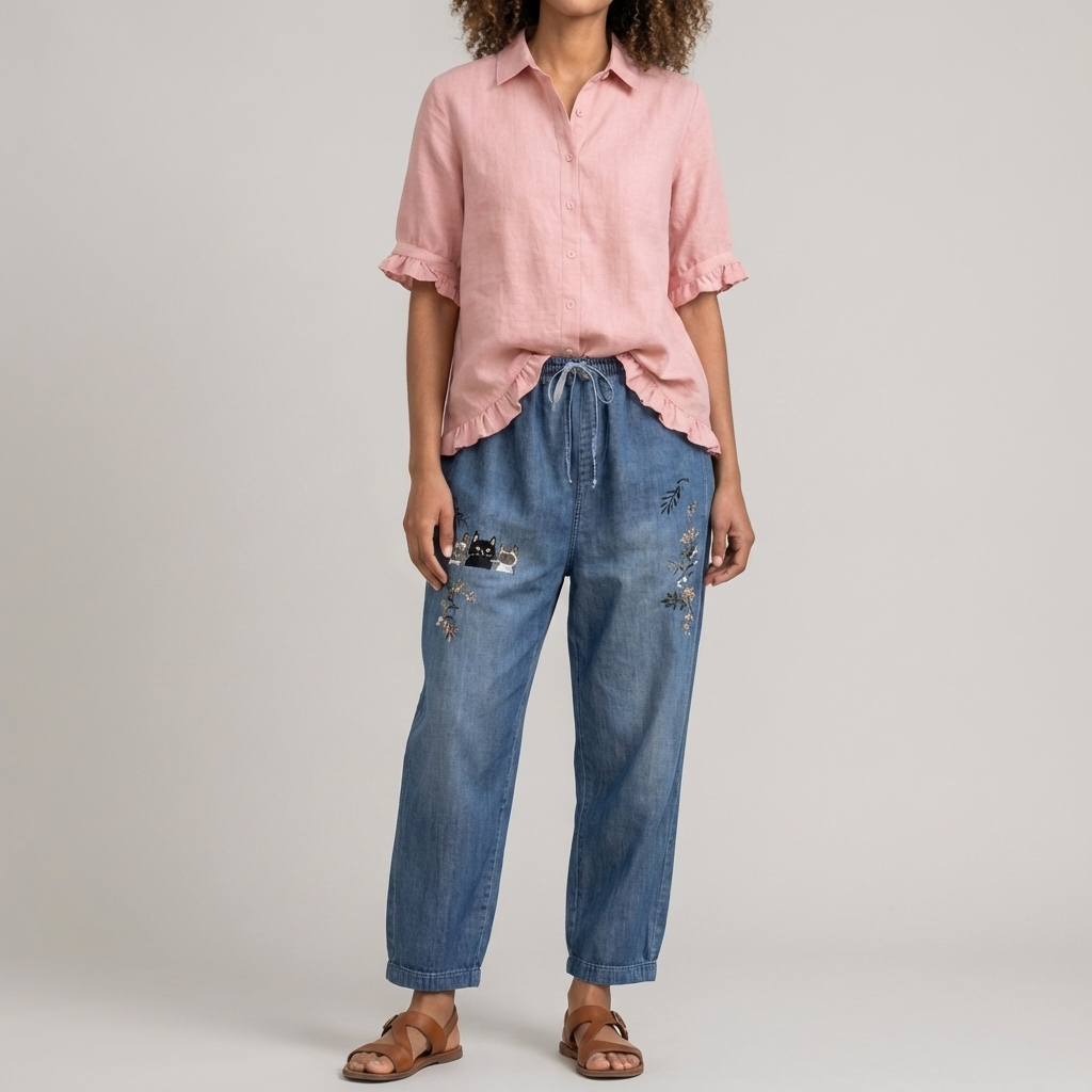 Blusa di Cotone con Bottoni e Orlo Arricciato