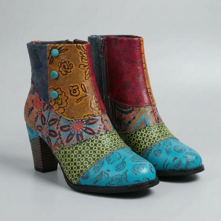 Stivale alla Caviglia con Tacco Blocco Stampa Patchwork