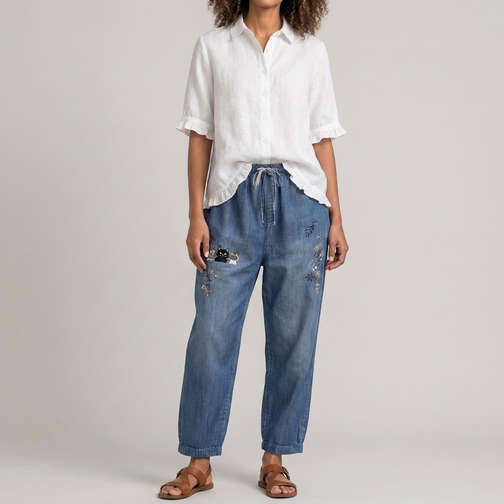 Blusa di Cotone con Bottoni e Orlo Arricciato