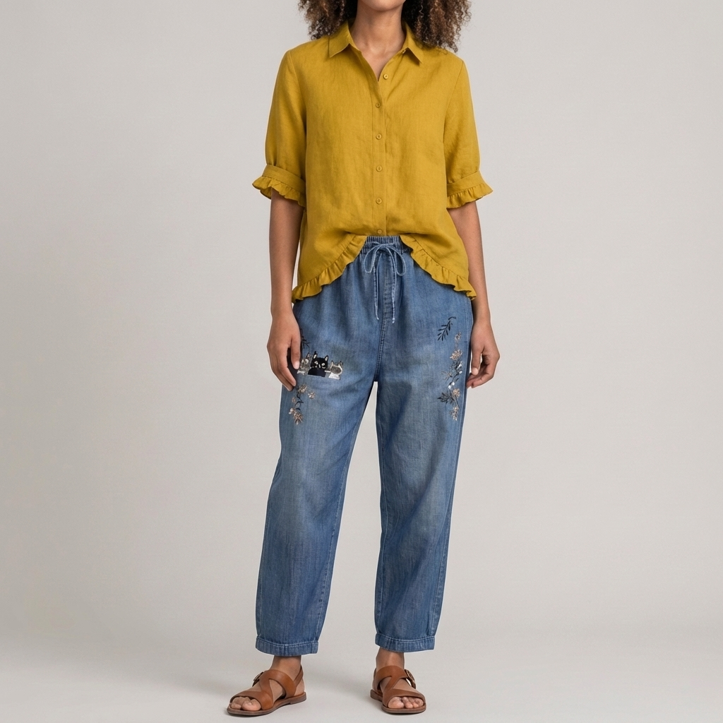 Blusa di Cotone con Bottoni e Orlo Arricciato