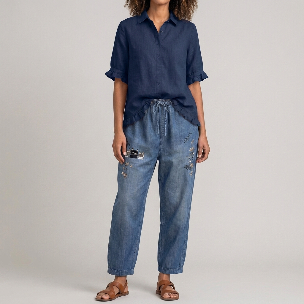 Blusa di Cotone con Bottoni e Orlo Arricciato