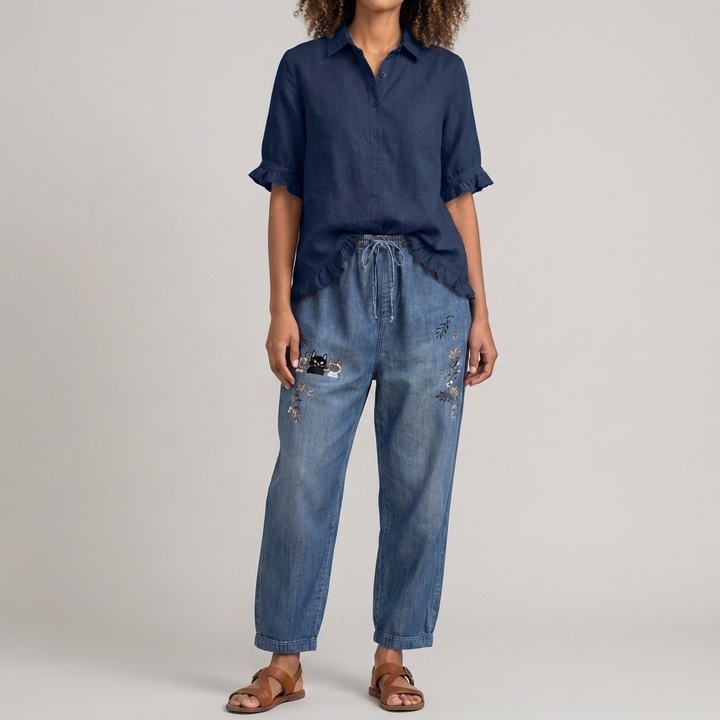 Blusa di Cotone con Bottoni e Orlo Arricciato