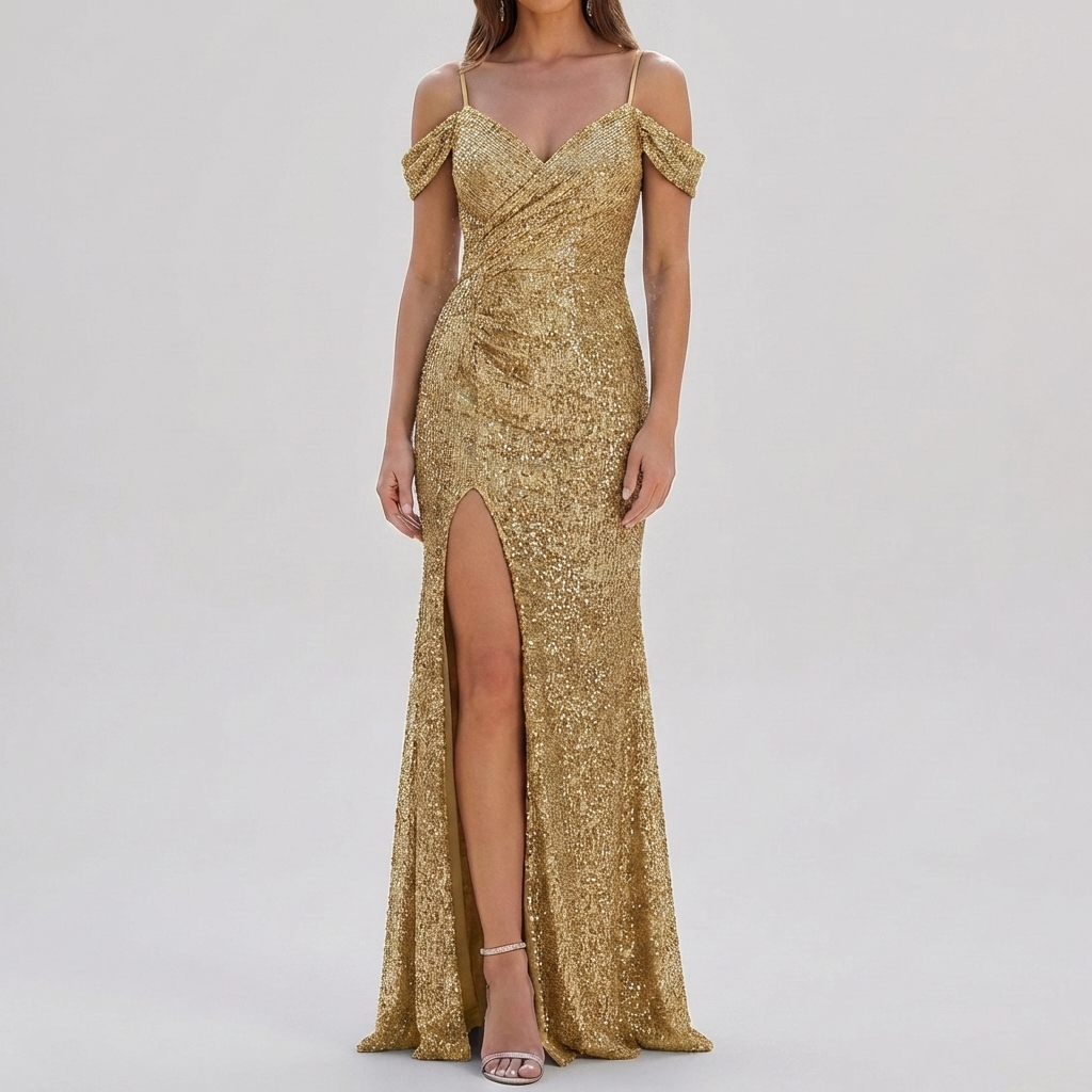 Abito Maxi Elegante con Paillettes Off Shoulder