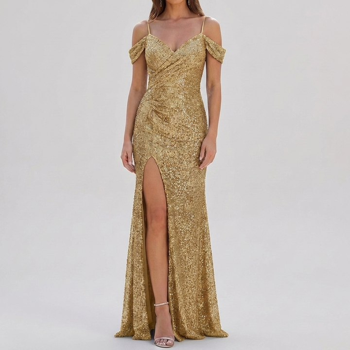 Abito Maxi Elegante con Paillettes Off Shoulder