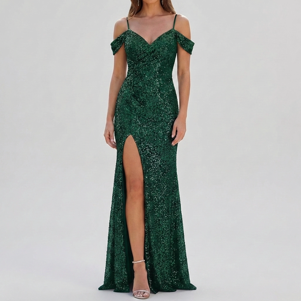 Abito Maxi Elegante con Paillettes Off Shoulder